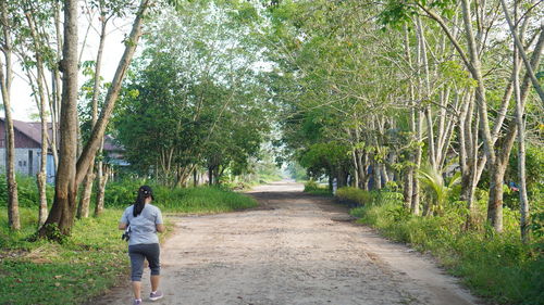 Rear view of woman walking in forest