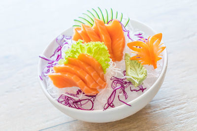 High angle view of various flowers in plate on table