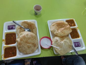 High angle view of breakfast served on table