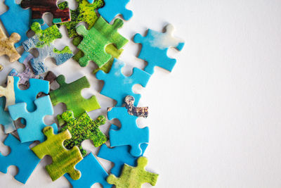 High angle view of toys against blue background