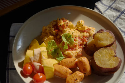 High angle view of breakfast served in plate