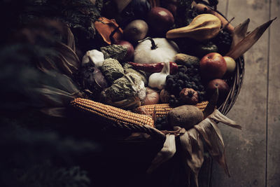 High angle view of fruits in basket on table