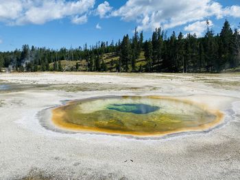 Scenic view of geyser against sky