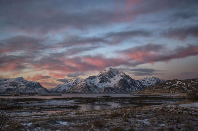 Scenic view of mountains against sky during sunset