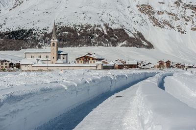 Mountain village nestled in the snow