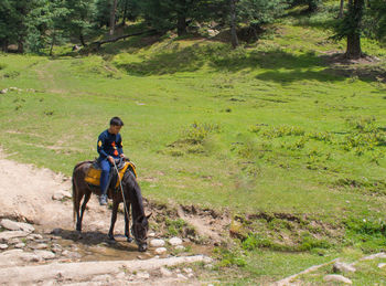 Rear view of boy riding horse on field
