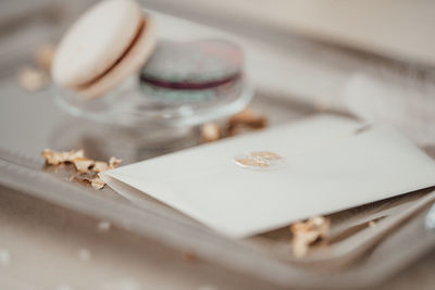 High angle view of coffee beans in box on table