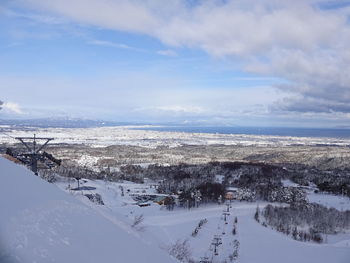 Snow covered landscape against sky