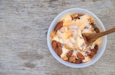 High angle view of breakfast in bowl on table