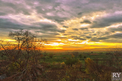 Scenic view of field against dramatic sky during sunset