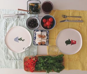 Directly above shot of breakfast served on table