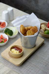 High angle view of meal served on table