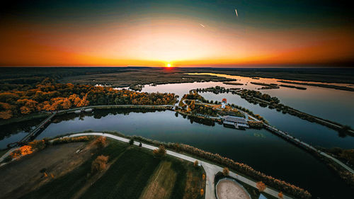 High angle view of delta comana at sunset