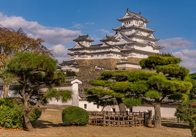 Traditional temple by building against sky