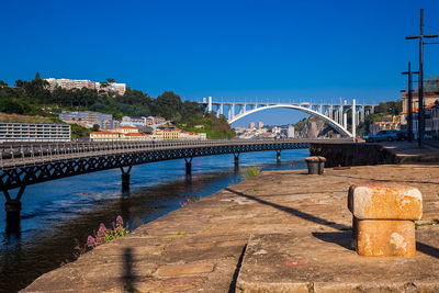 View of the douro river mouth and the arrabida bridge at porto city in portugal