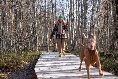 Rear view of woman standing in forest