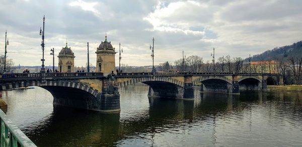 Bridge over river with city in background