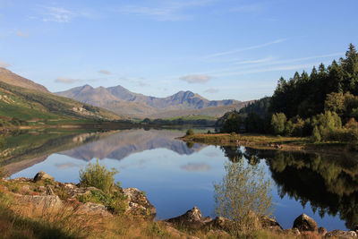 Scenic view of lake and mountains against sky