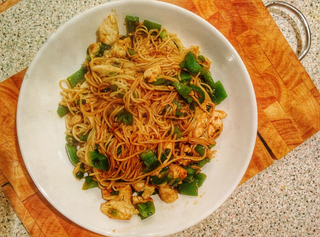 food and drink, food, indoors, freshness, ready-to-eat, plate, healthy eating, table, high angle view, noodles, serving size, meal, still life, bowl, pasta, vegetable, close-up, directly above, served, meat