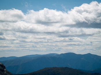 Scenic view of mountains against cloudy sky