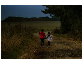 Rear view of siblings walking on field against sky