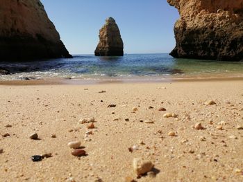 Surface level of rocks on beach against sky