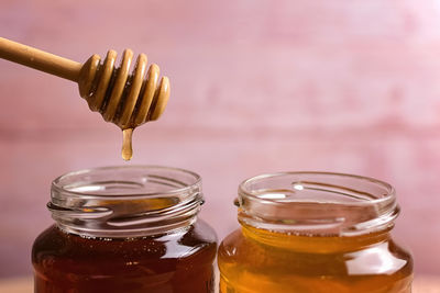 Close-up of drink in jar on table