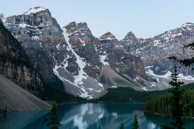 Panoramic view of lake and mountains against clear sky