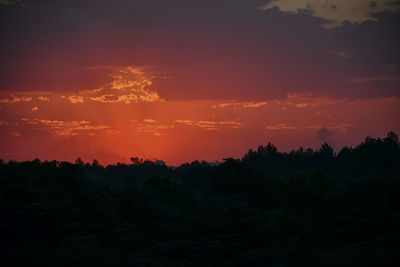 Silhouette trees against dramatic sky during sunset