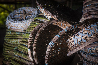 Wicker baskets for sale at street market during night