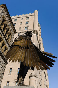 Low angle view of bird flying against building