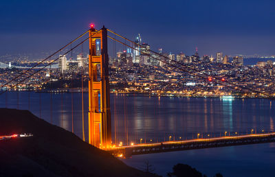 Illuminated city by river against sky at dusk