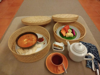 High angle view of breakfast served on table