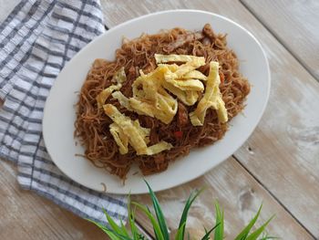 High angle view of food in bowl on table