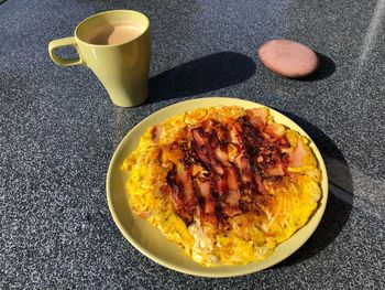 High angle view of breakfast served on table