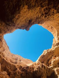 Directly below shot of rock formations against clear blue sky