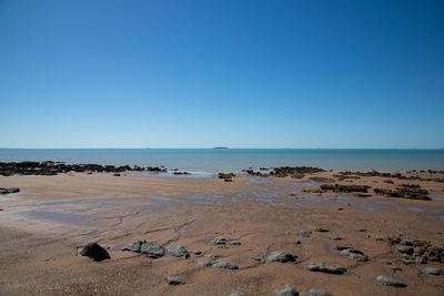 Scenic view of beach against clear blue sky