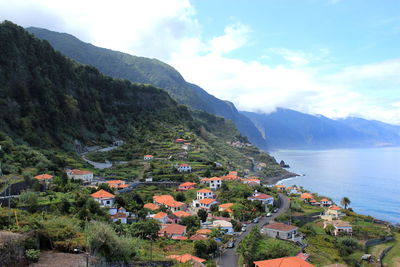 Scenic view of sea and mountains against sky