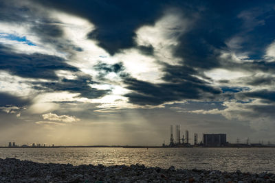 Scenic view of sea and buildings against sky