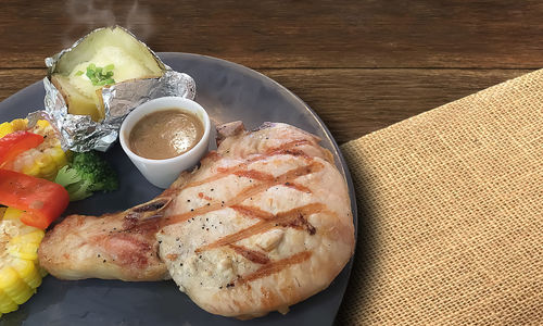 High angle view of food served on table