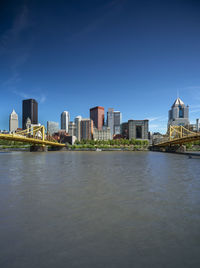 River by buildings against sky in city