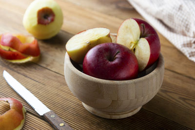 High angle view of apples in bowl on table