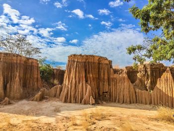 Panoramic view of rocks on land against sky