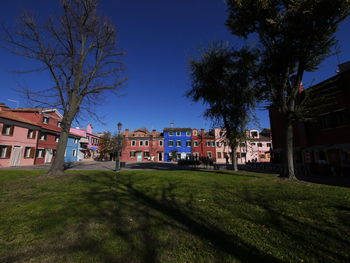 Trees and buildings against blue sky