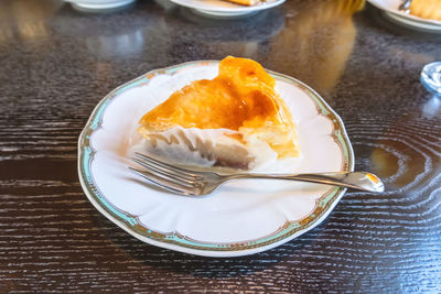 High angle view of dessert in plate on table