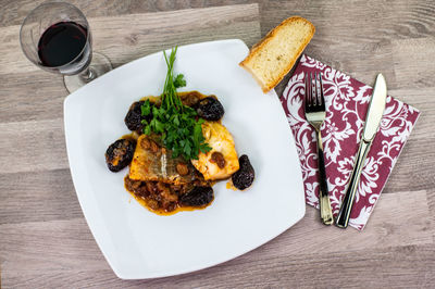 High angle view of breakfast served on table