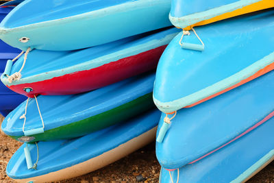 Close-up of kayaks
