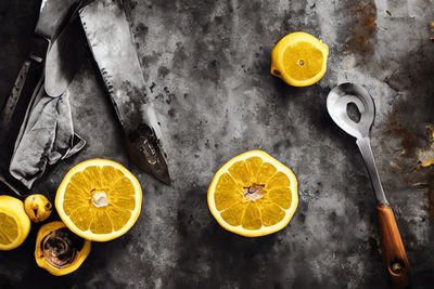 High angle view of lemon slices on table