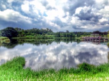 Scenic view of lake against cloudy sky