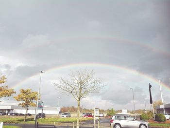 Rainbow over trees against sky